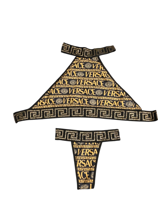 Versace Other - NWT Versace Black & Gold Greca Logo Bikini Thong Set Size XL